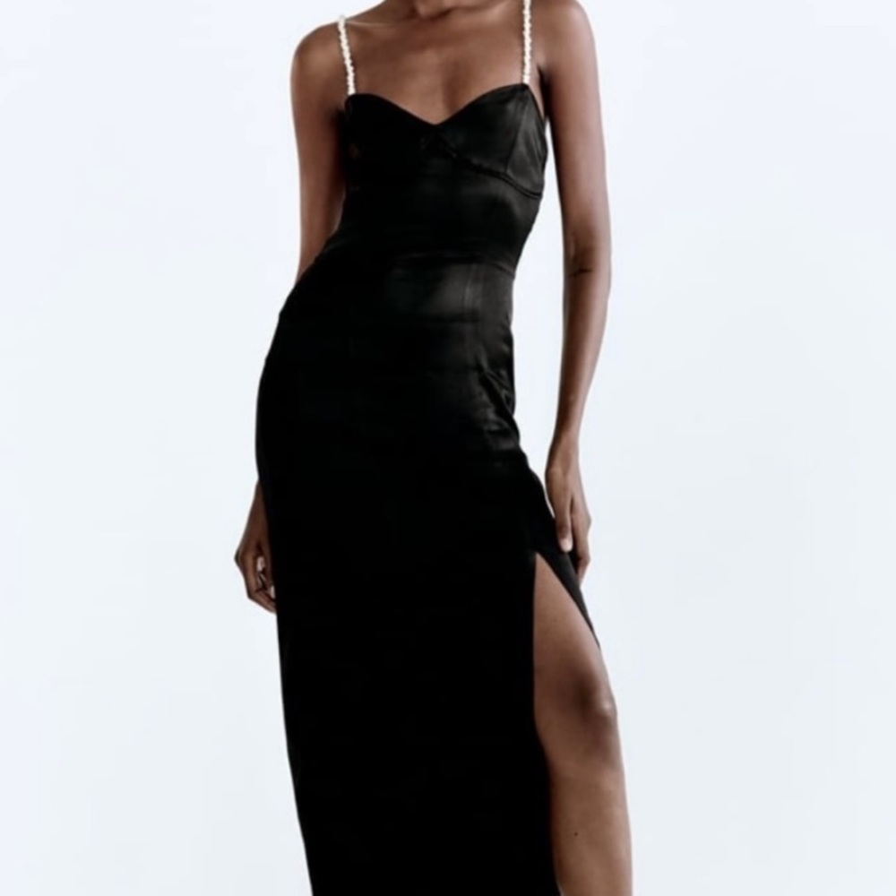 Zara Black Satin and Pearl thigh slit dress